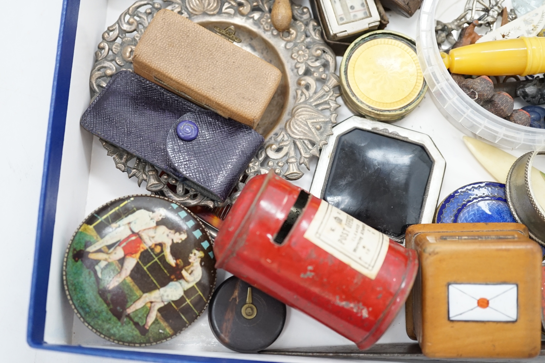 Mixed collectables to include enamel boxes, graduated weights, treen, a novelty post box money tin, etc. Condition - fair to good